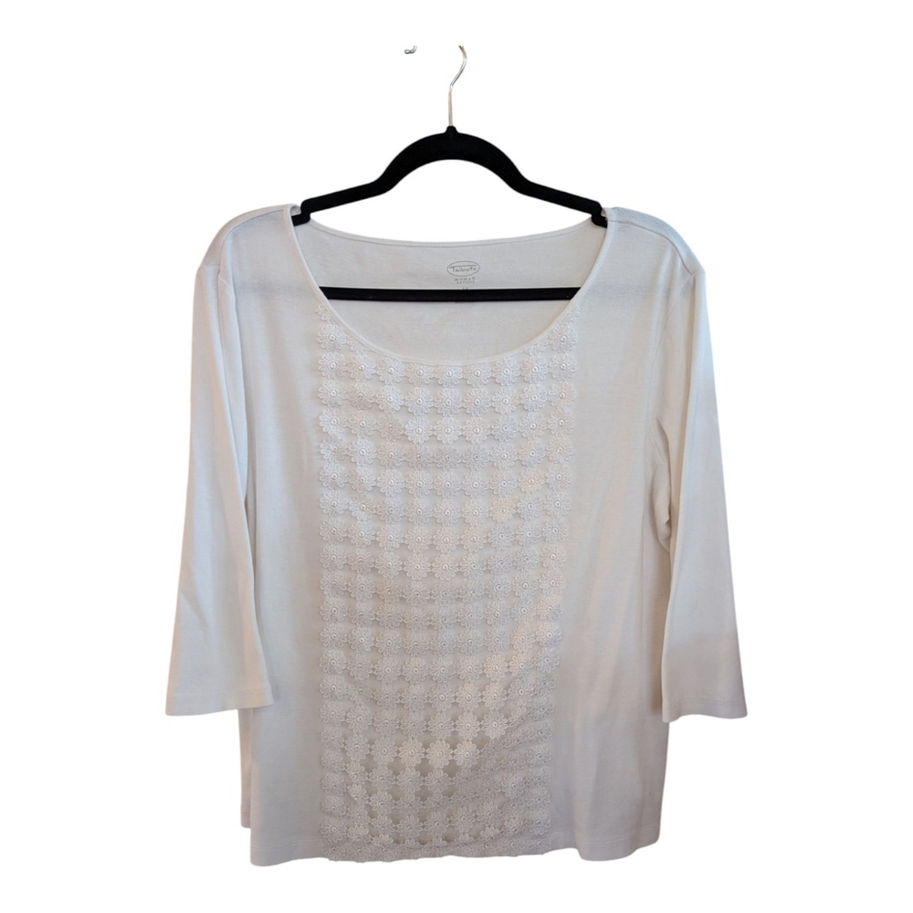 Talbots Eggshell Ribbed Floral Lace Front 3/4 Sleeve T-shirt 1X Petite